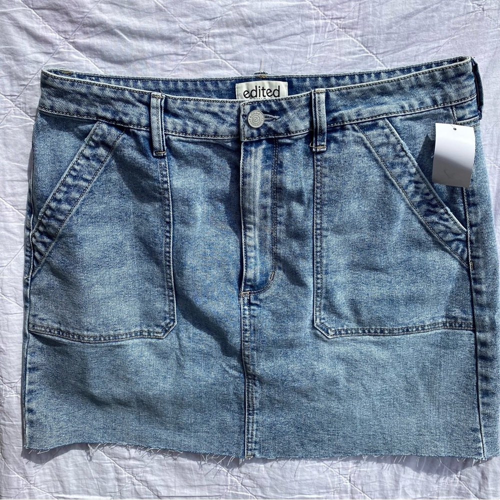 Edited by Rema Bader Skirt Women 14 Mini Fray Hem Utility Light Wash Blue Pocket